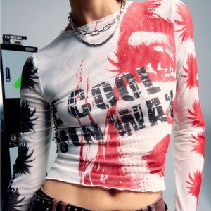 SHEIN Red and White Graphic Crop Long Sleeve Tee
